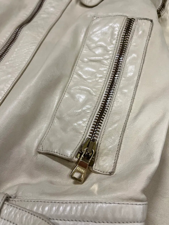 2000s Gianfranco Ferré Beige Biker Leather Jacket with Detachable Arm Zips (M) 5