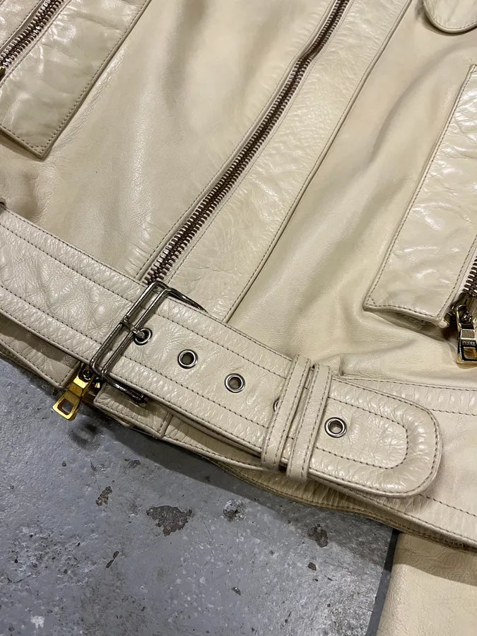 2000s Gianfranco Ferré Beige Biker Leather Jacket with Detachable Arm Zips (M) 6