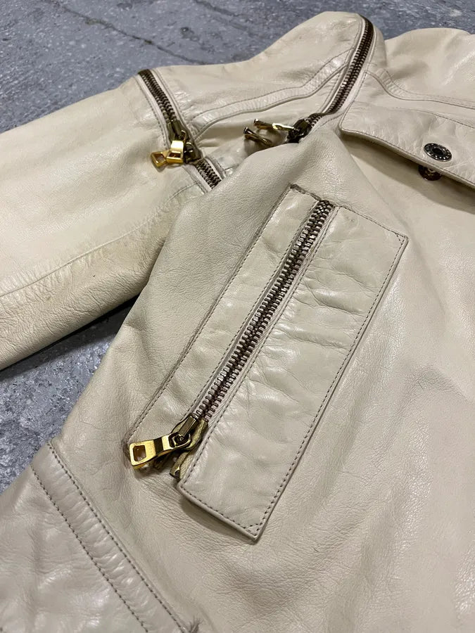 2000s Gianfranco Ferré Beige Biker Leather Jacket with Detachable Arm Zips (M) 7