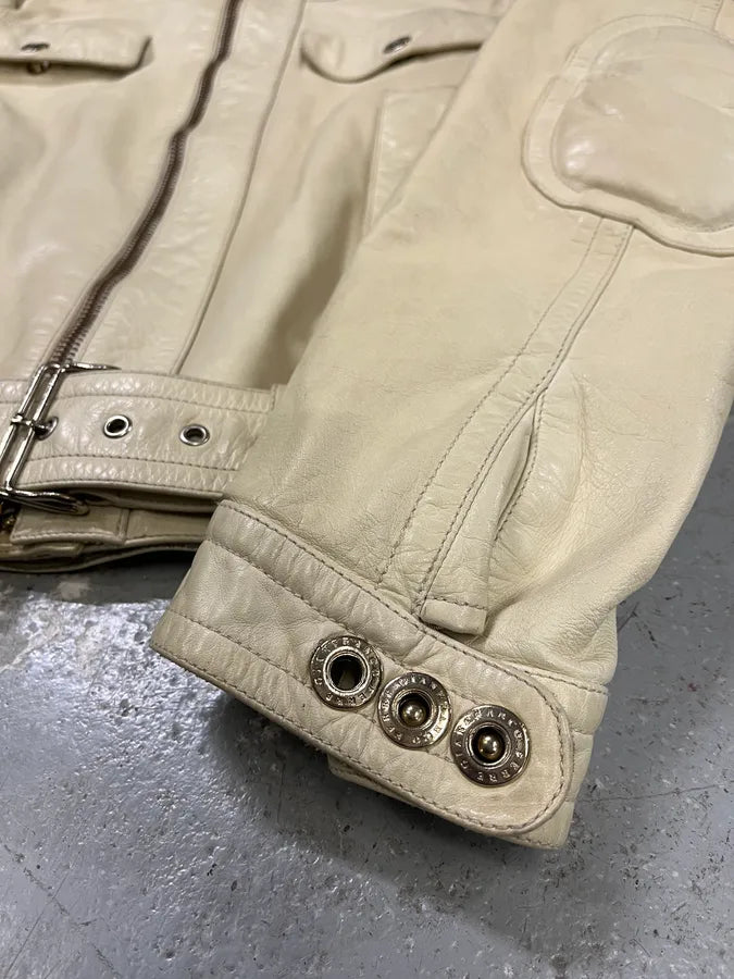 2000s Gianfranco Ferré Beige Biker Leather Jacket with Detachable Arm Zips (M) 8