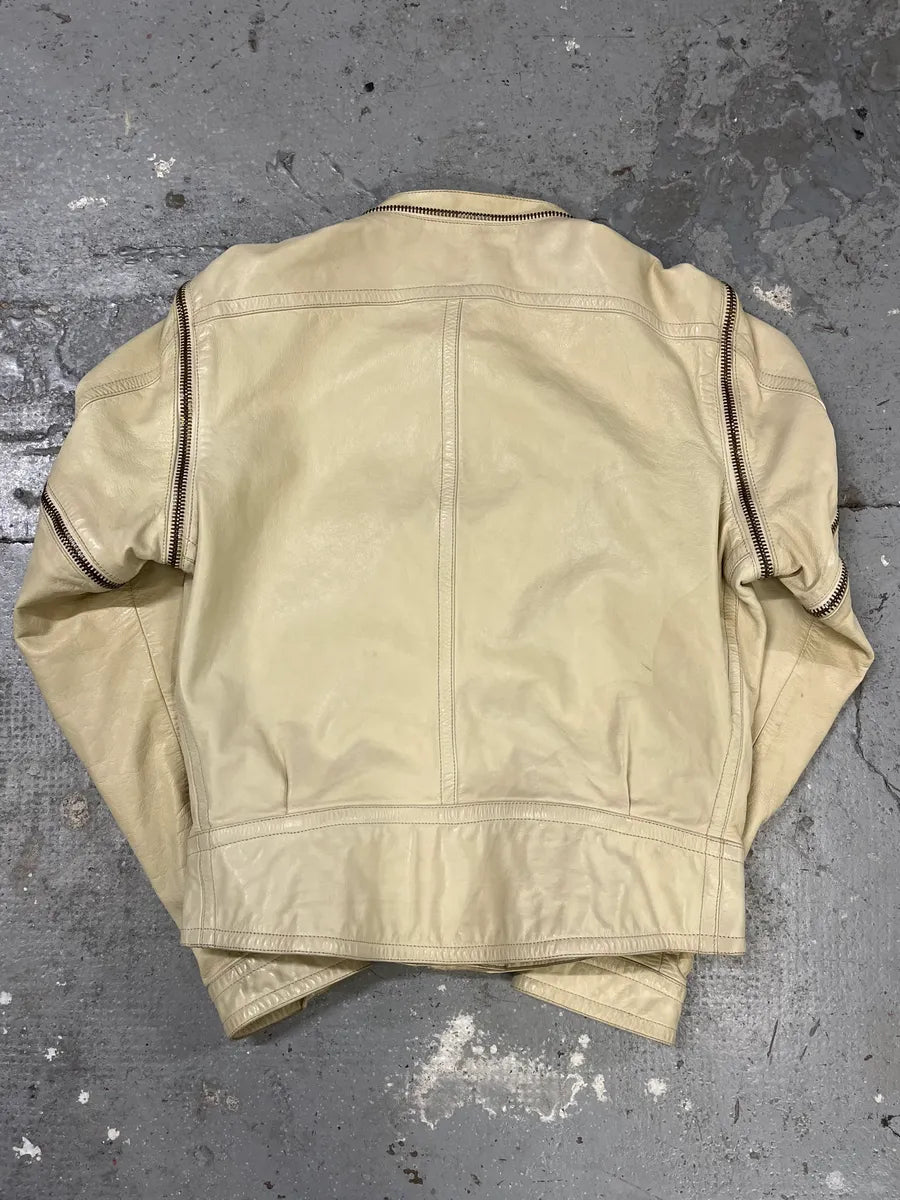 2000s Gianfranco Ferré Beige Biker Leather Jacket with Detachable Arm Zips (M) 9