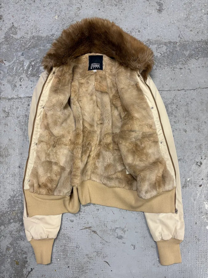 2000s Gianfranco Ferré Beige Fur Lining Bomber Jacket qnbxukN 5