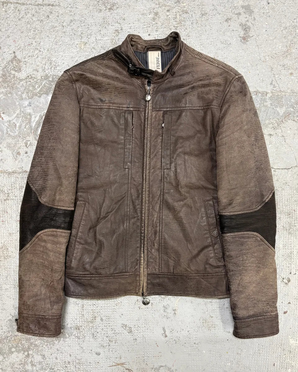 2000s Gianfranco Ferré Biker Textured Brown Leather Jacket mcSalET 0