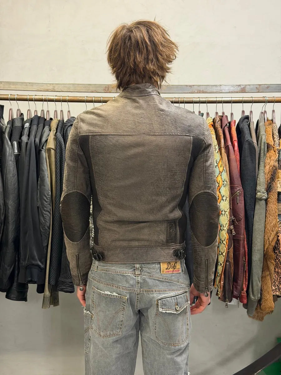 2000s Gianfranco Ferré Biker Textured Brown Leather Jacket mcSalET 2