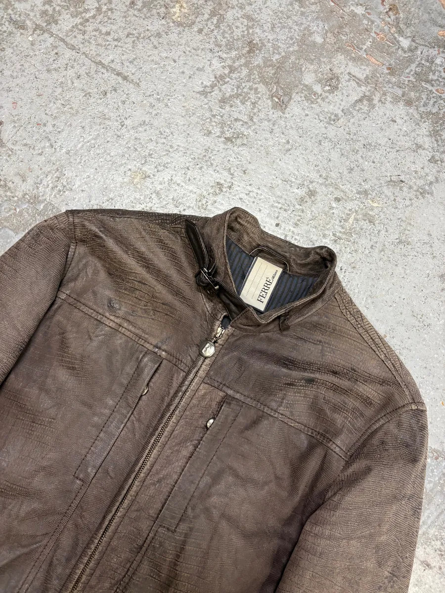 2000s Gianfranco Ferré Biker Textured Brown Leather Jacket mcSalET 3