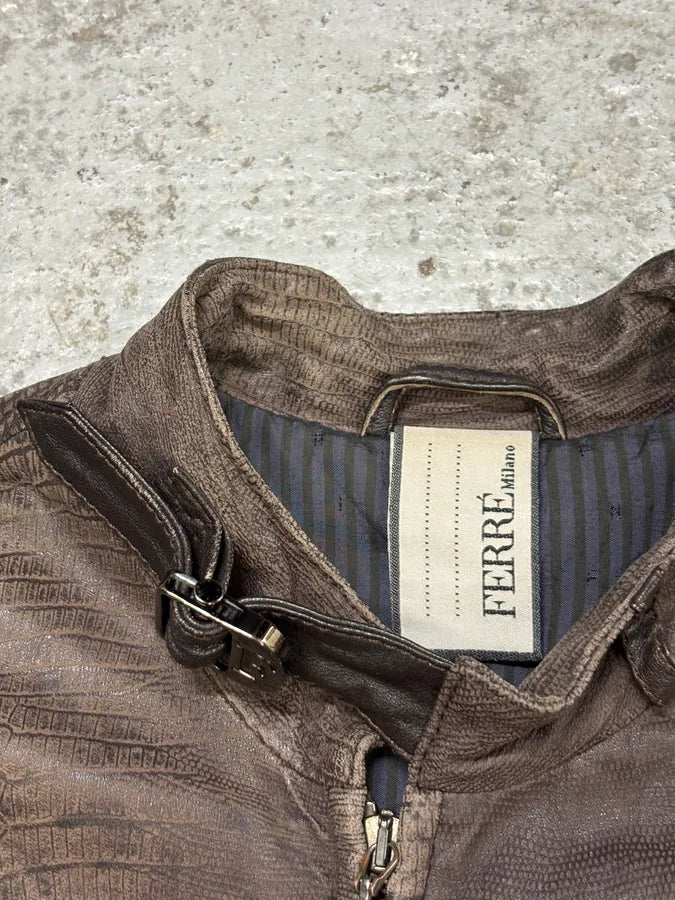 2000s Gianfranco Ferré Biker Textured Brown Leather Jacket mcSalET 5