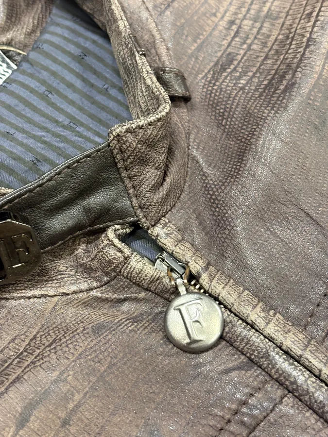 2000s Gianfranco Ferré Biker Textured Brown Leather Jacket mcSalET 7