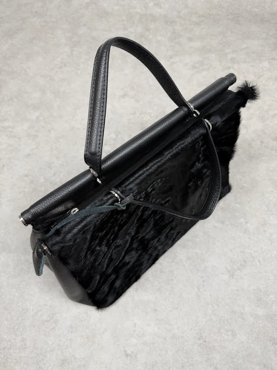 2000s Gianfranco Ferré Black Fur Leather Handle Bag Vawjxvr 5