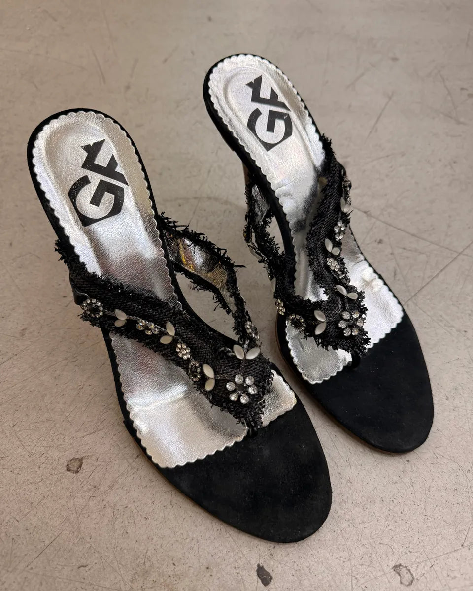 2000s Gianfranco Ferré Black Leather Embellished Heels eVxJrSf 1