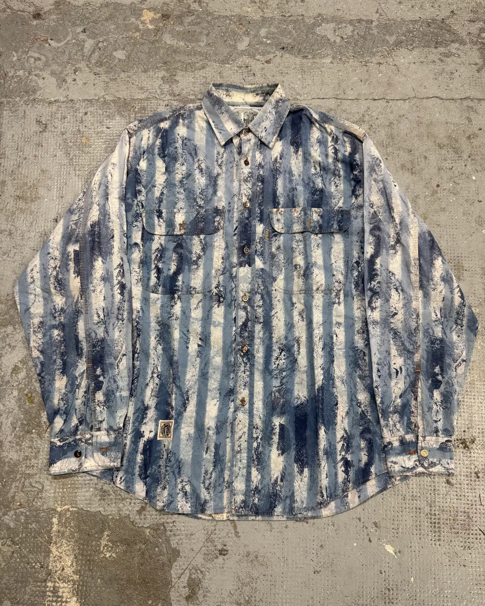 2000s Gianfranco Ferré Blue Stripes Eroded Shirt qNiAOsl 0
