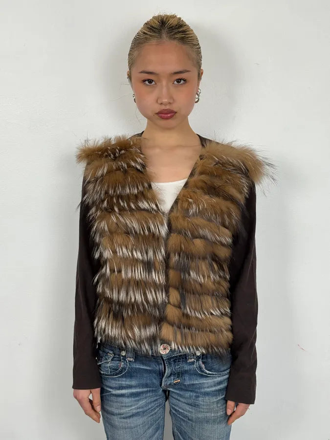 2000s Gianfranco Ferré Brown Faux Fur Cardigan Sweater WDzuYQz 1