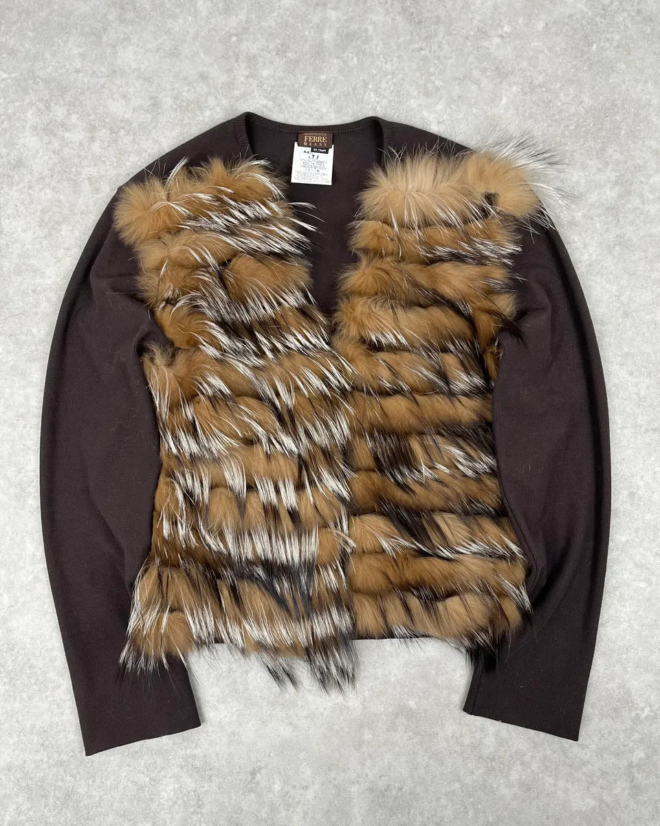 2000s Gianfranco Ferré Brown Faux Fur Cardigan Sweater WDzuYQz 0
