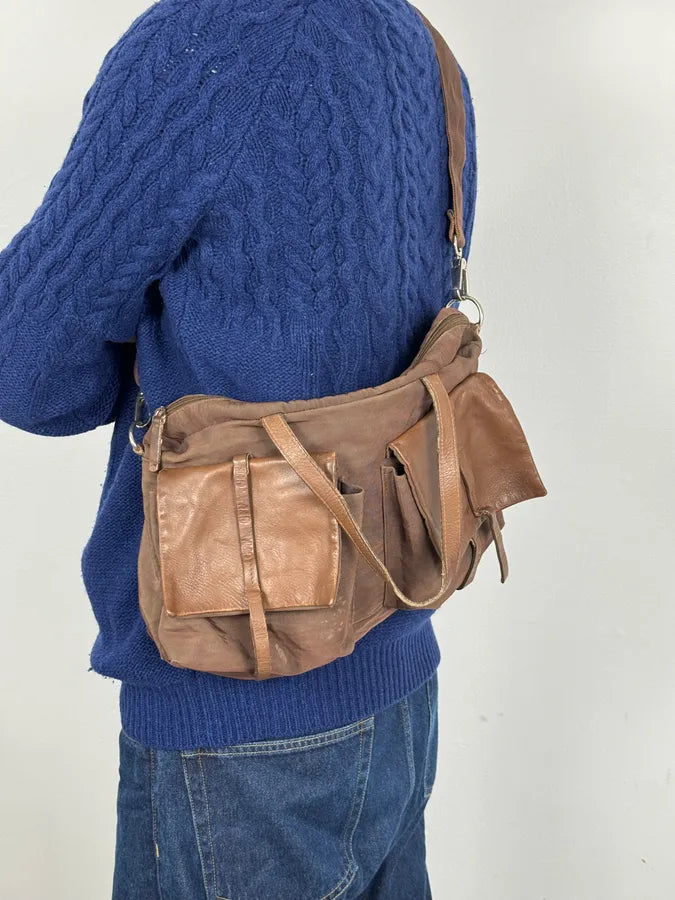 2000s Gianfranco Ferré Brown Hybrid Leather Shoulder Bag qBDiYlY 1