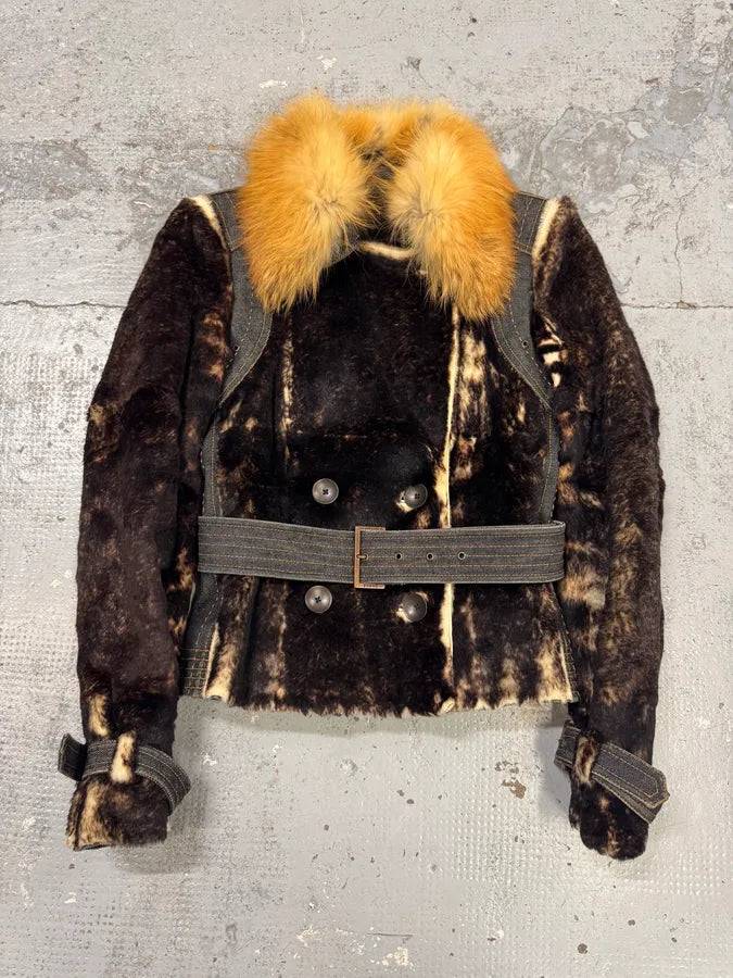 2000s Gianfranco Ferré Brown Rabbit Fur & Denim Jacket txxIMbu 0
