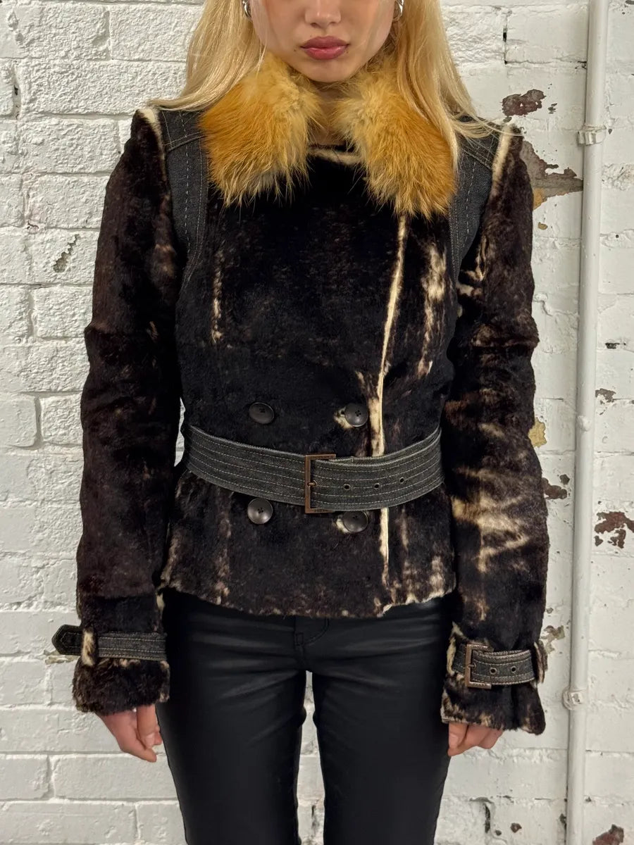 2000s Gianfranco Ferré Brown Rabbit Fur & Denim Jacket txxIMbu 1