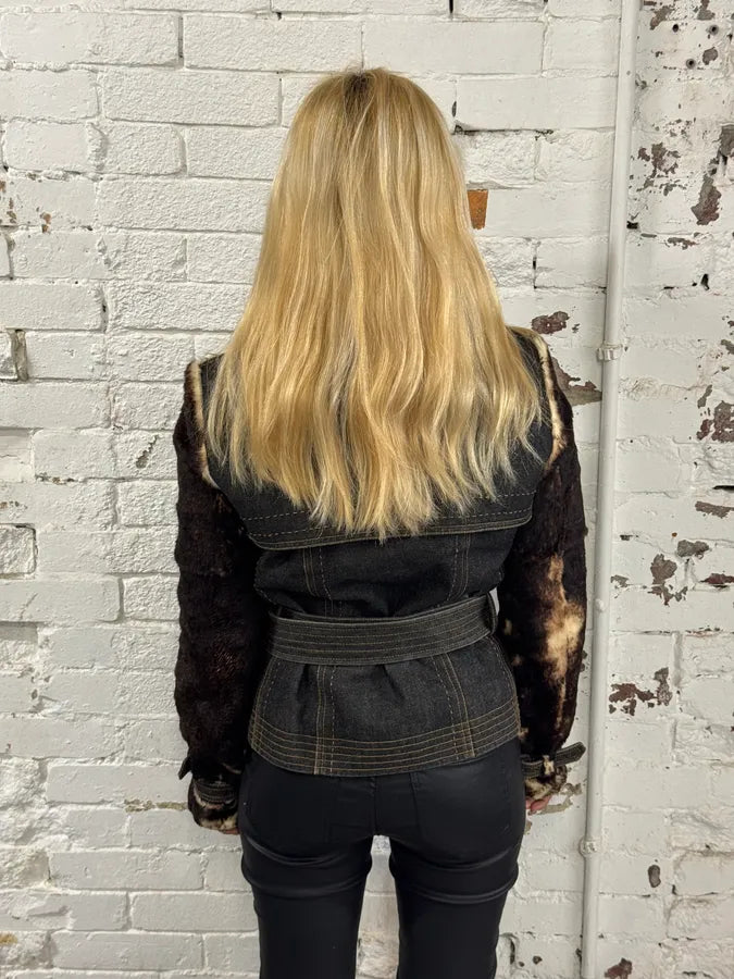 2000s Gianfranco Ferré Brown Rabbit Fur & Denim Jacket txxIMbu 3