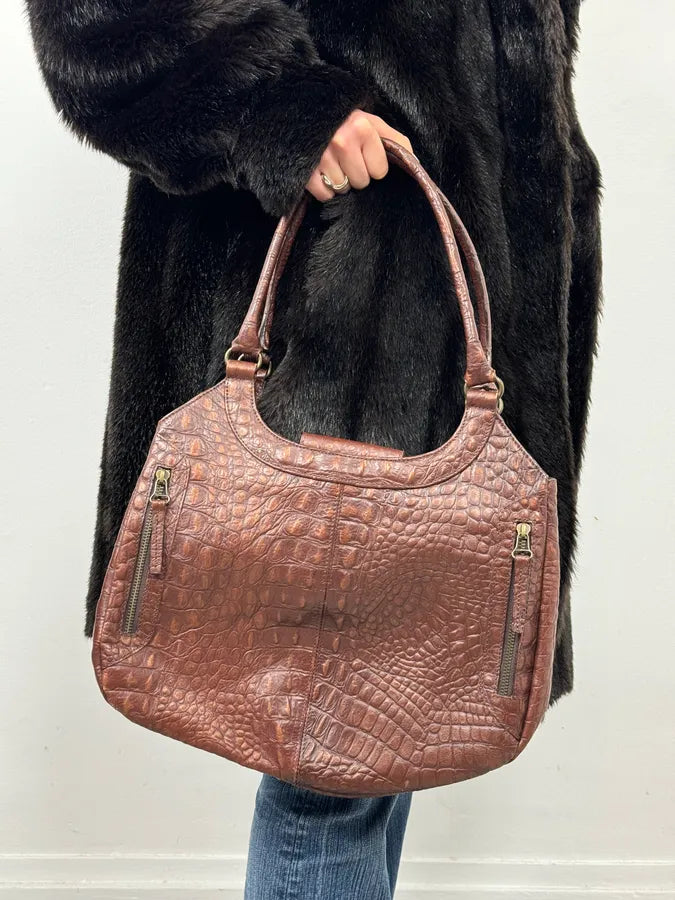2000s Gianfranco Ferré Crocodile Embossed Brown Leather Handle Bag jVtuPNk 1
