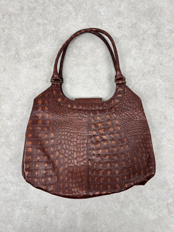 2000s Gianfranco Ferré Crocodile Embossed Brown Leather Handle Bag jVtuPNk 2