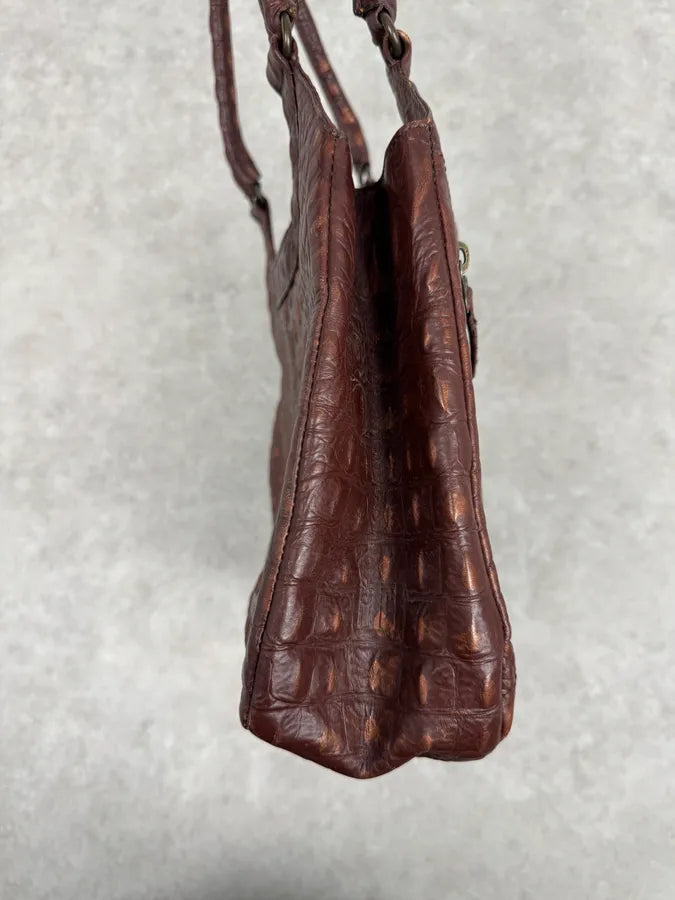 2000s Gianfranco Ferré Crocodile Embossed Brown Leather Handle Bag jVtuPNk 8