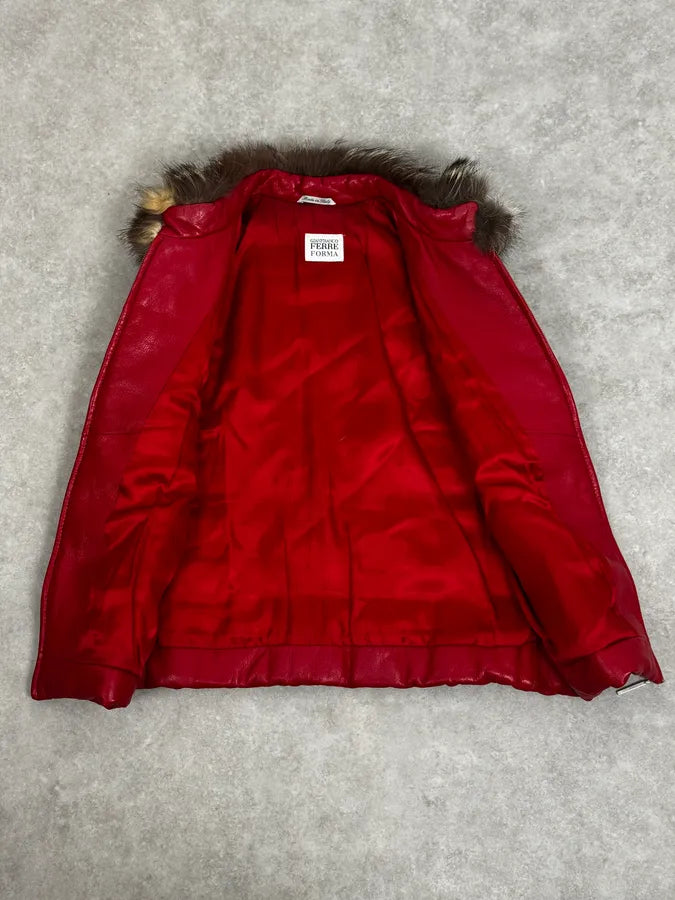 2000s Gianfranco Ferré Fur Collar Red Leather Puffer Vest MkBCrLm 6