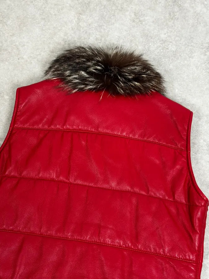 2000s Gianfranco Ferré Fur Collar Red Leather Puffer Vest MkBCrLm 5