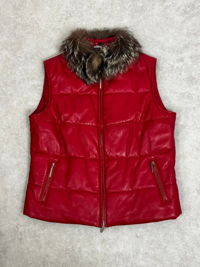 2000s Gianfranco Ferré Fur Collar Red Leather Puffer Vest MkBCrLm 0