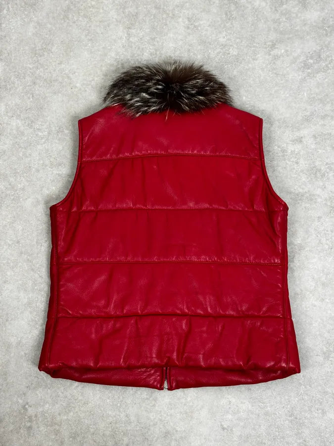 2000s Gianfranco Ferré Fur Collar Red Leather Puffer Vest MkBCrLm 3
