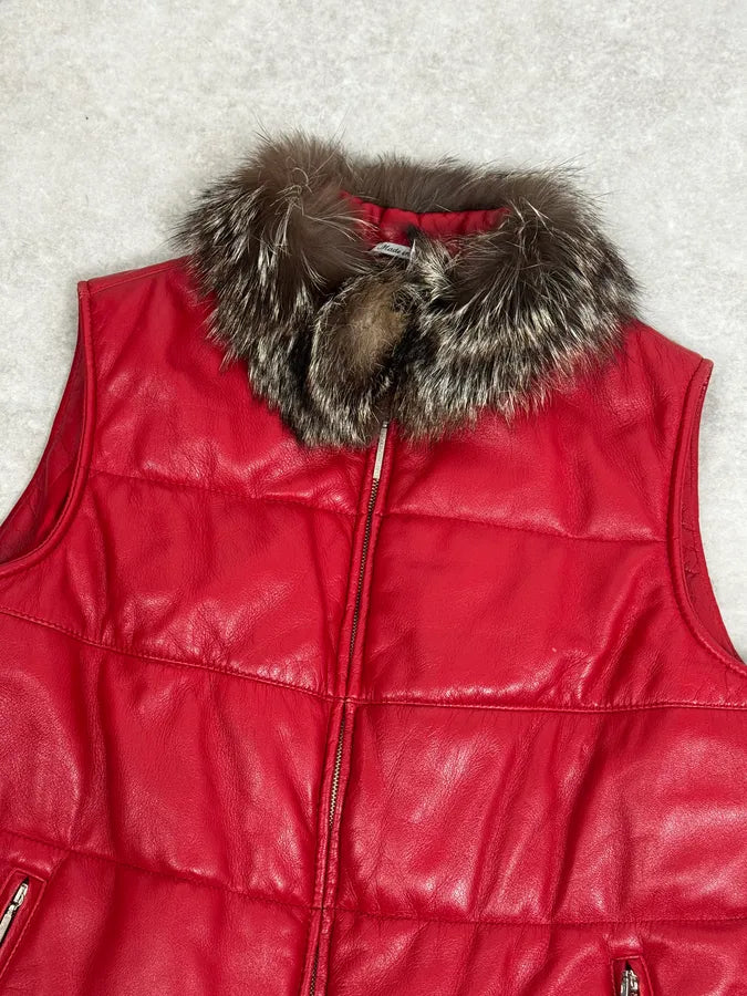 2000s Gianfranco Ferré Fur Collar Red Leather Puffer Vest MkBCrLm 4