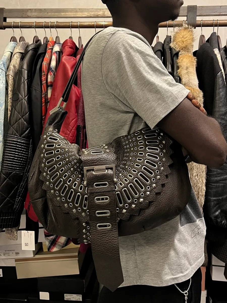 2000s Gianfranco Ferré Futuristic Embellished Black Leather Handle Bag VBMlXQp 3