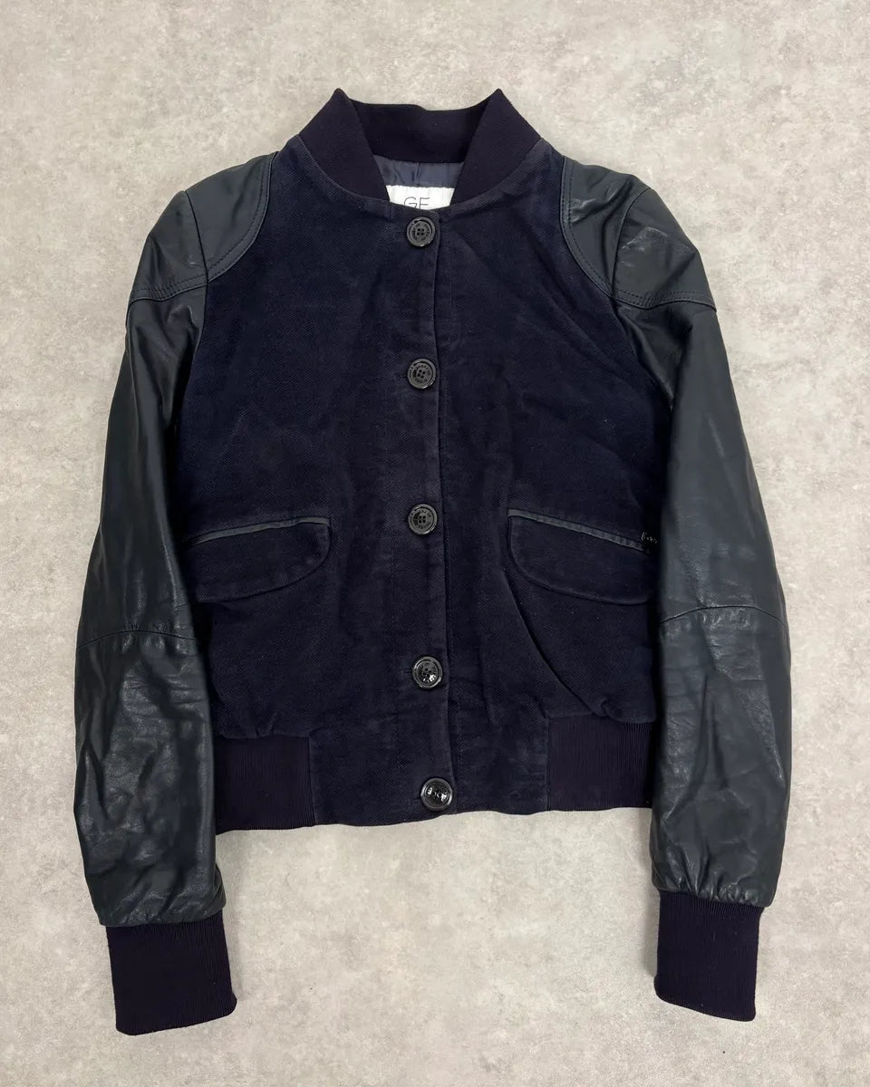 AW2011 Gianfranco Ferré Navy Suede & Black Leather Bomber Jacket oPXgIDF 0