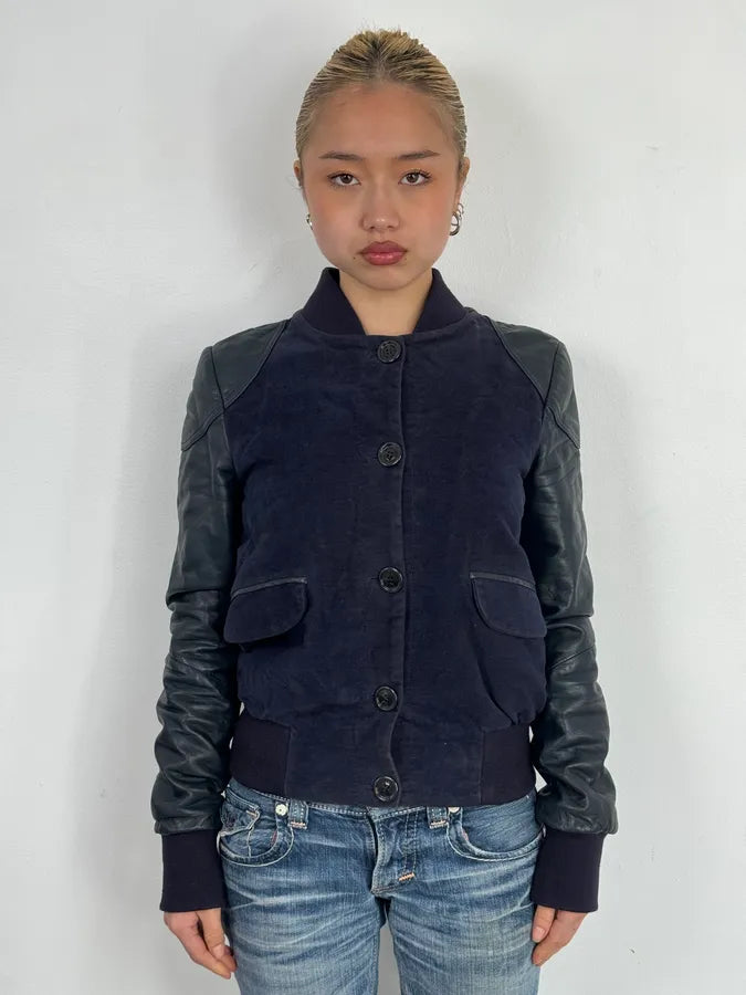 AW2011 Gianfranco Ferré Navy Suede & Black Leather Bomber Jacket oPXgIDF 1