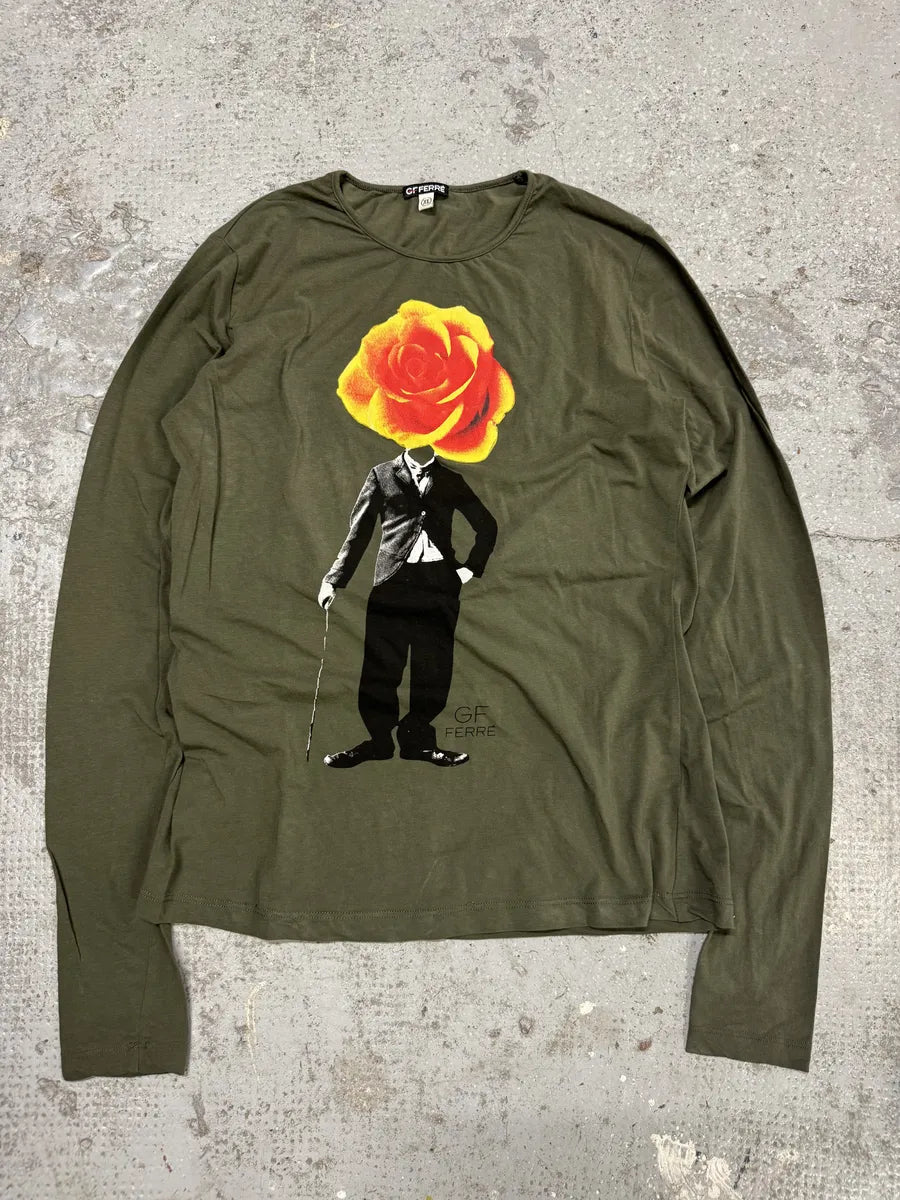 2000s Gianfranco Ferré Olive Human Rose Flower Longsleeves (S/M) zUVpkre 0
