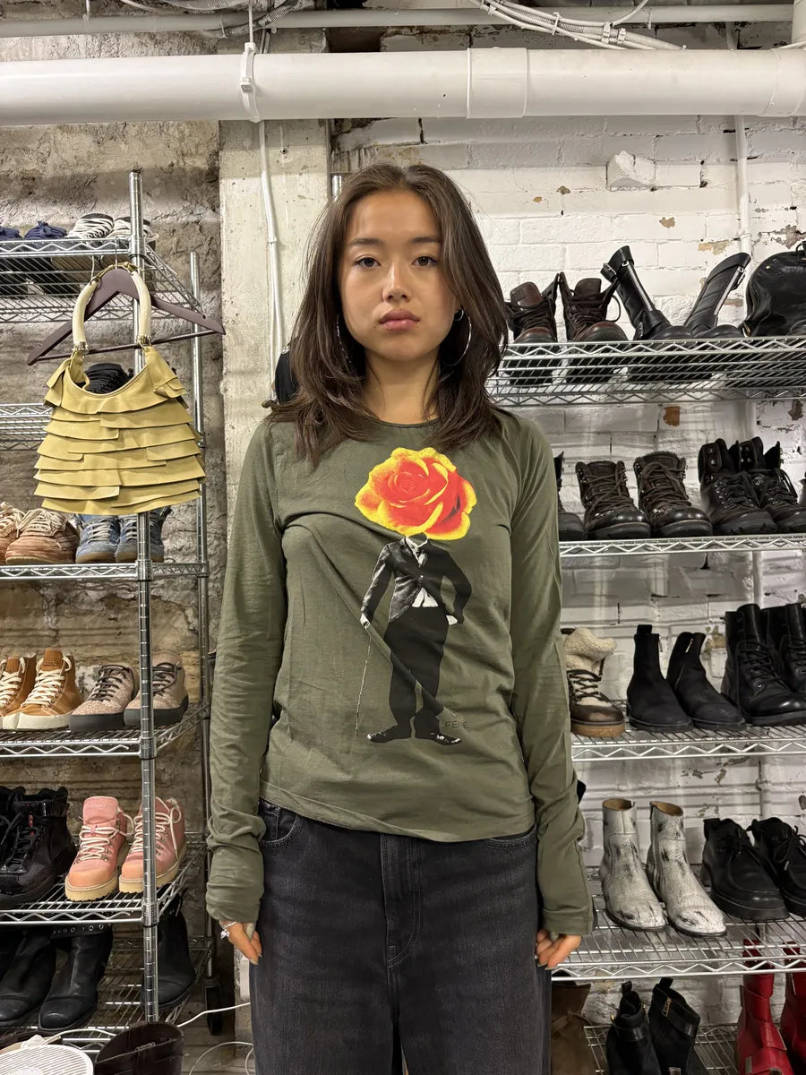 2000s Gianfranco Ferré Olive Human Rose Flower Longsleeves (S/M) zUVpkre 1