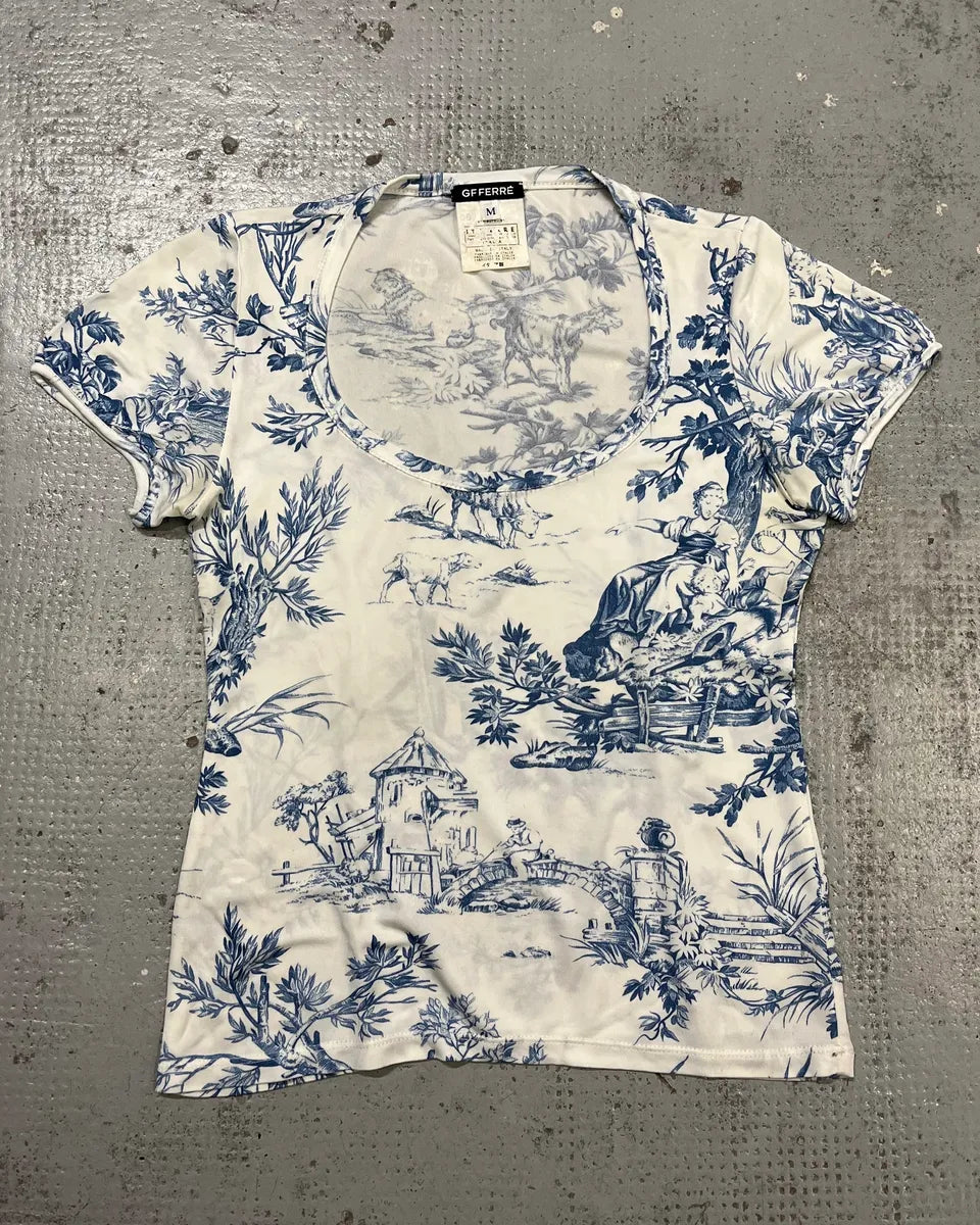 2000s Gianfranco Ferré White & Blue Medieval Painting T-Shirt sezXuhZ 0