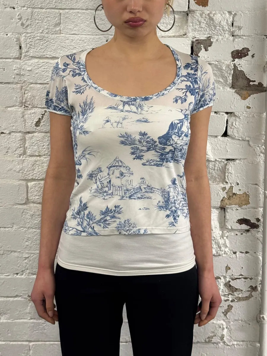 2000s Gianfranco Ferré White & Blue Medieval Painting T-Shirt sezXuhZ 1