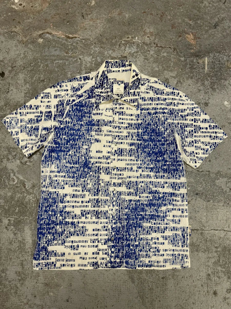 2000s Gianfranco Ferré White & Blue Script Short Sleeves Shirt (S/M) dneRANL 0