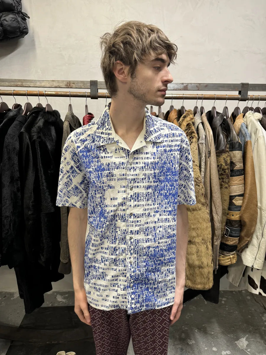 2000s Gianfranco Ferré White & Blue Script Short Sleeves Shirt (S/M) dneRANL 1