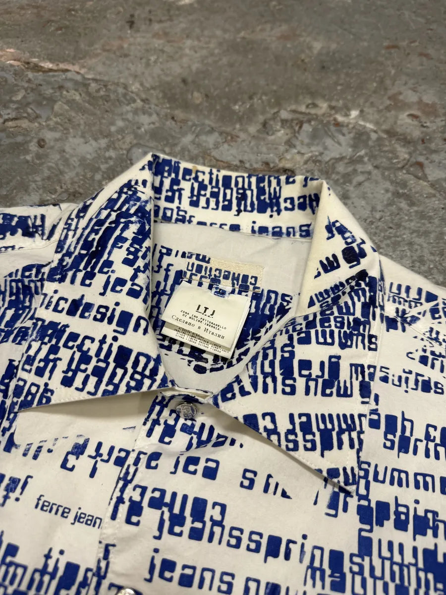 2000s Gianfranco Ferré White & Blue Script Short Sleeves Shirt (S/M) dneRANL 4