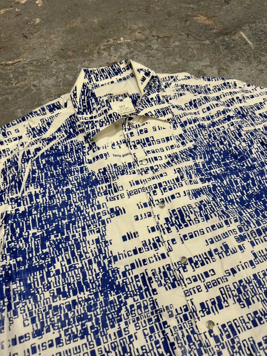 2000s Gianfranco Ferré White & Blue Script Short Sleeves Shirt (S/M) dneRANL 8