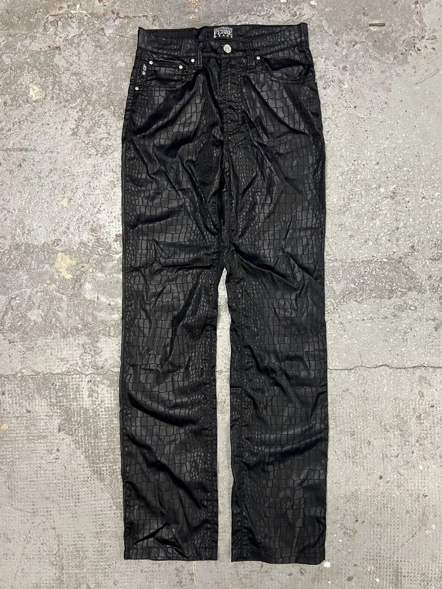 2000s Gianfranco Ferre Black Crocodile Effect Destructured Pants (XS) 0