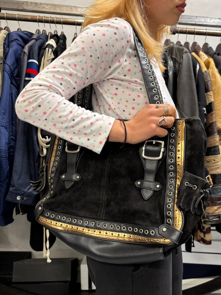 2000s Gianfranco Ferre Black Suede Leather Eyeled Handle Bag GsqjyjT 1