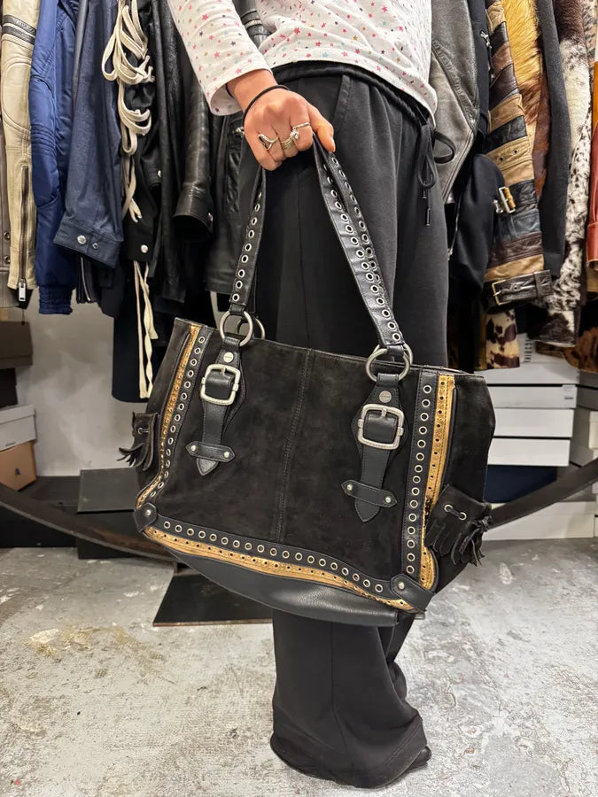 2000s Gianfranco Ferre Black Suede Leather Eyeled Handle Bag GsqjyjT 2