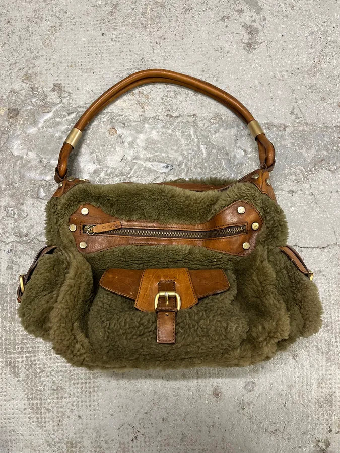 2000s Gianfranco Ferre Green Plushed Fur Leather Handle Bag (OS) EbPakdM 0