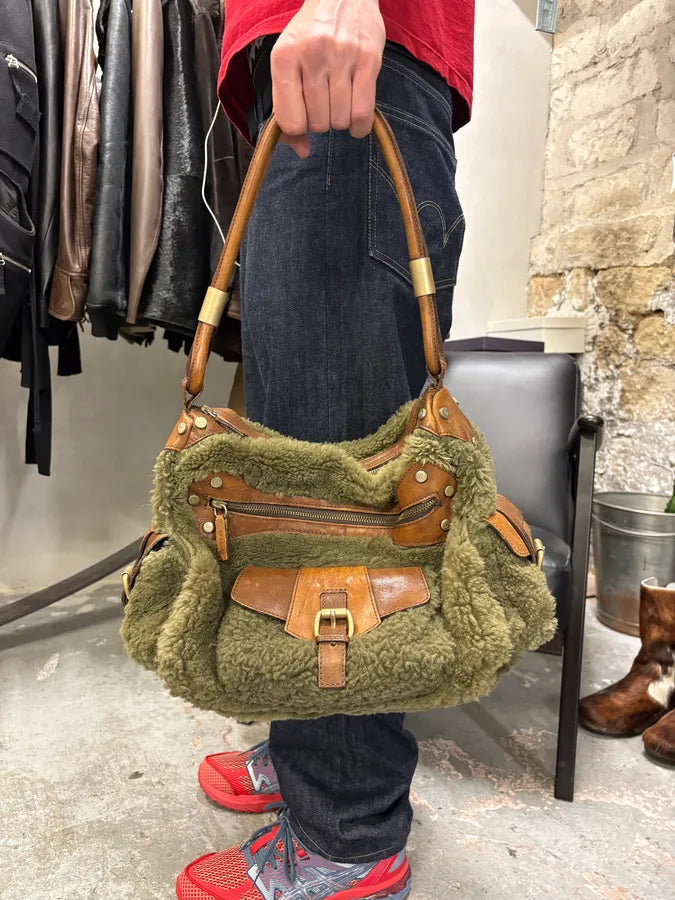 2000s Gianfranco Ferre Green Plushed Fur Leather Handle Bag (OS) EbPakdM 1