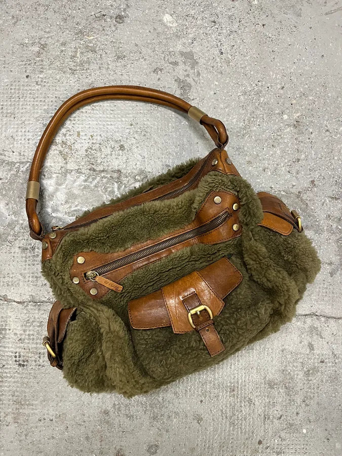 2000s Gianfranco Ferre Green Plushed Fur Leather Handle Bag (OS) EbPakdM 2