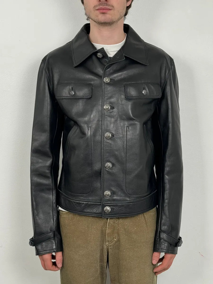 2000s Gianni Versace Pure Black Leather Embellished Trucker Jacket DTspJBy 0