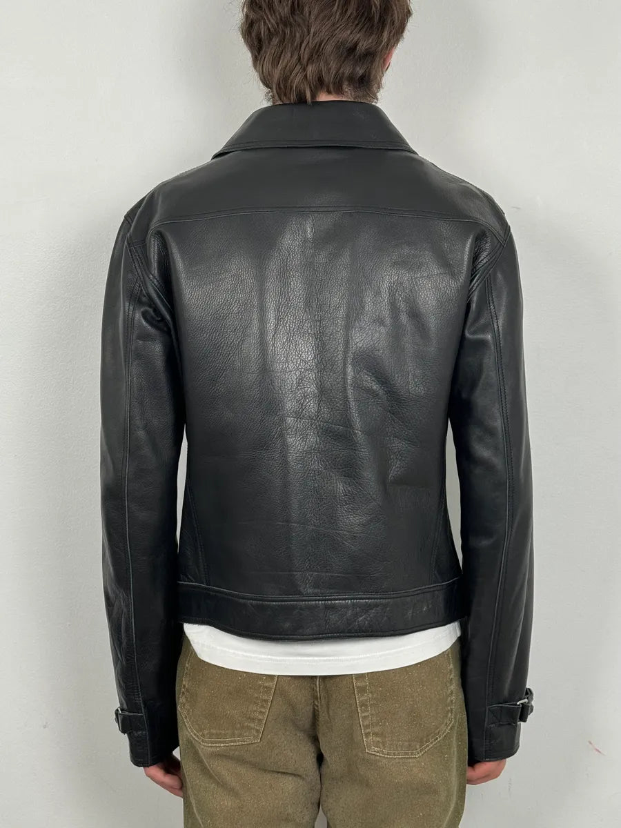 2000s Gianni Versace Pure Black Leather Embellished Trucker Jacket DTspJBy 1