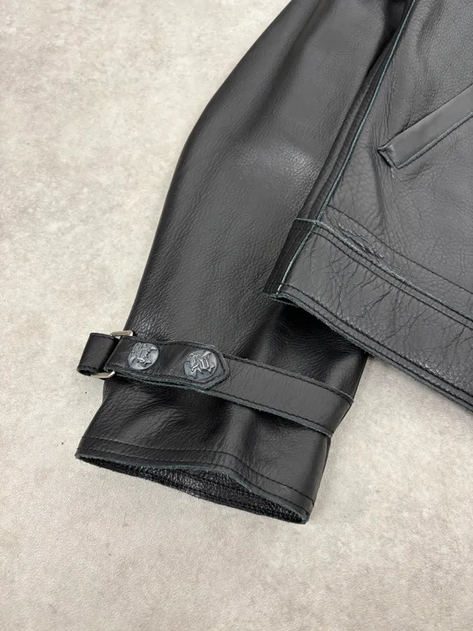 2000s Gianni Versace Pure Black Leather Embellished Trucker Jacket DTspJBy 7