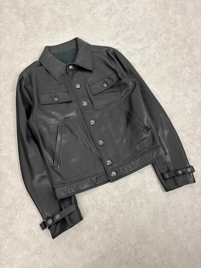 2000s Gianni Versace Pure Black Leather Embellished Trucker Jacket DTspJBy 3