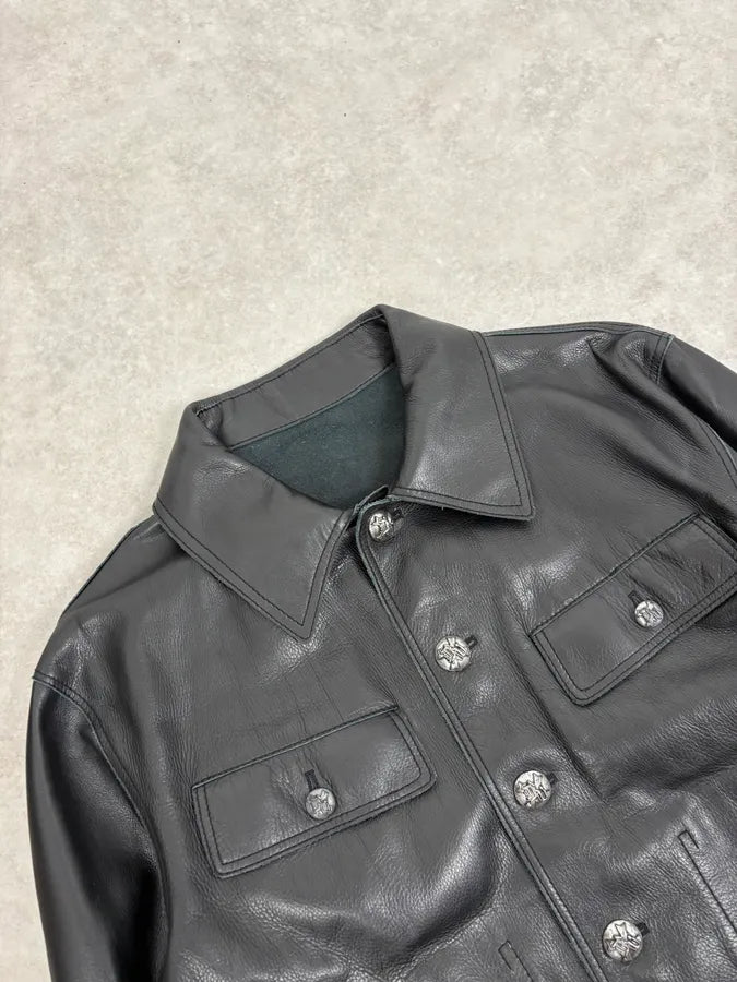 2000s Gianni Versace Pure Black Leather Embellished Trucker Jacket DTspJBy 4